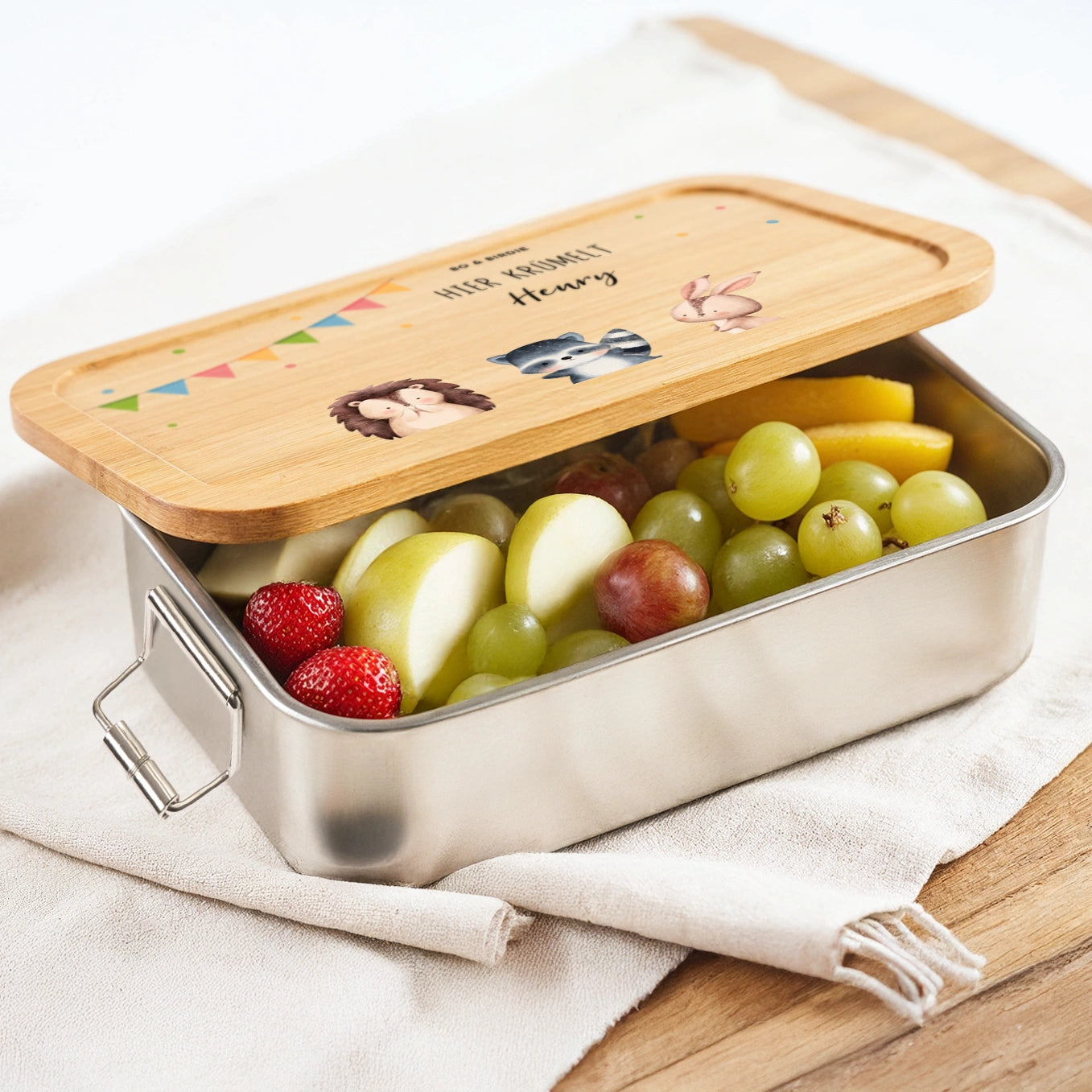 Personalisierte Brotdose mit Bambusdeckel "Konfetti"