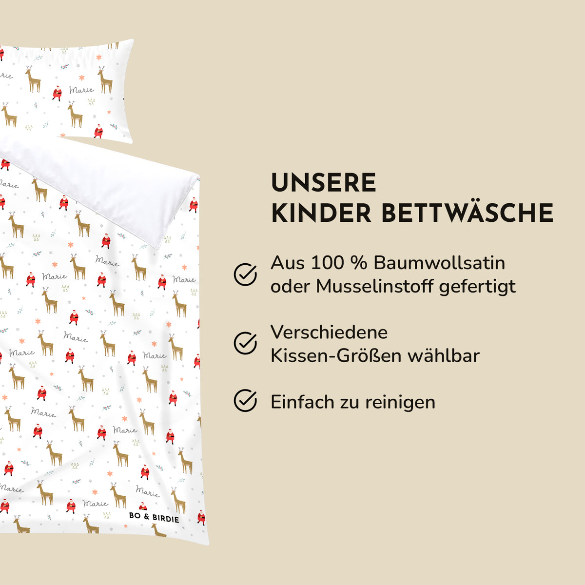 Infografik Weihnachts-Bettwäsche: 100 % Baumwollsatin oder Musselin, Kissengrößen wählbar, pflegeleicht