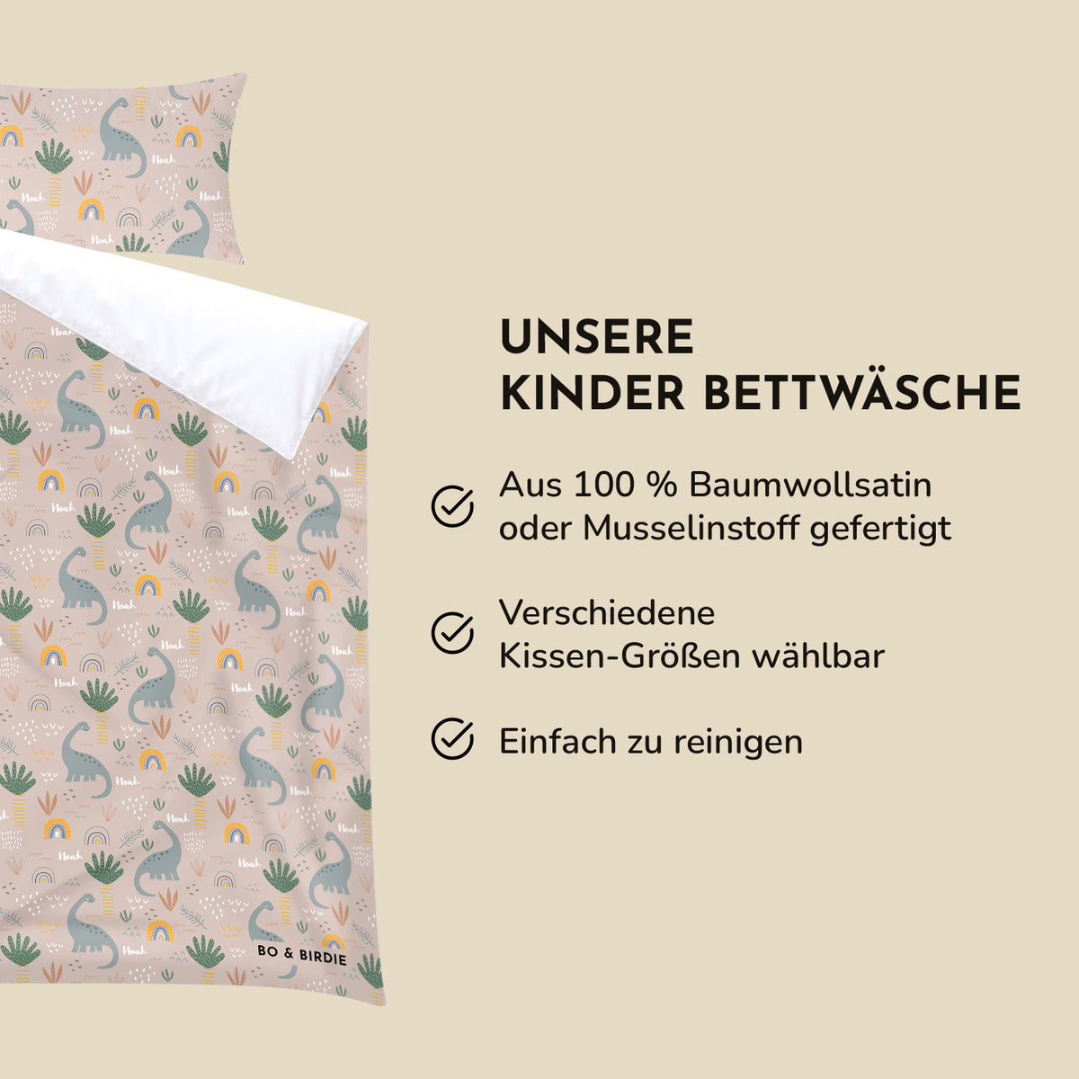 Infografik Dinosaurier-Bettwäsche: 100 % Baumwollsatin oder Musselin, Kissengrößen wählbar, pflegeleicht
