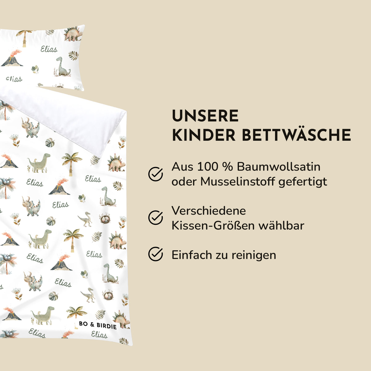 Infografik Dino-Bettwäsche: 100 % Baumwollsatin oder Musselin, Kissengrößen wählbar, pflegeleicht