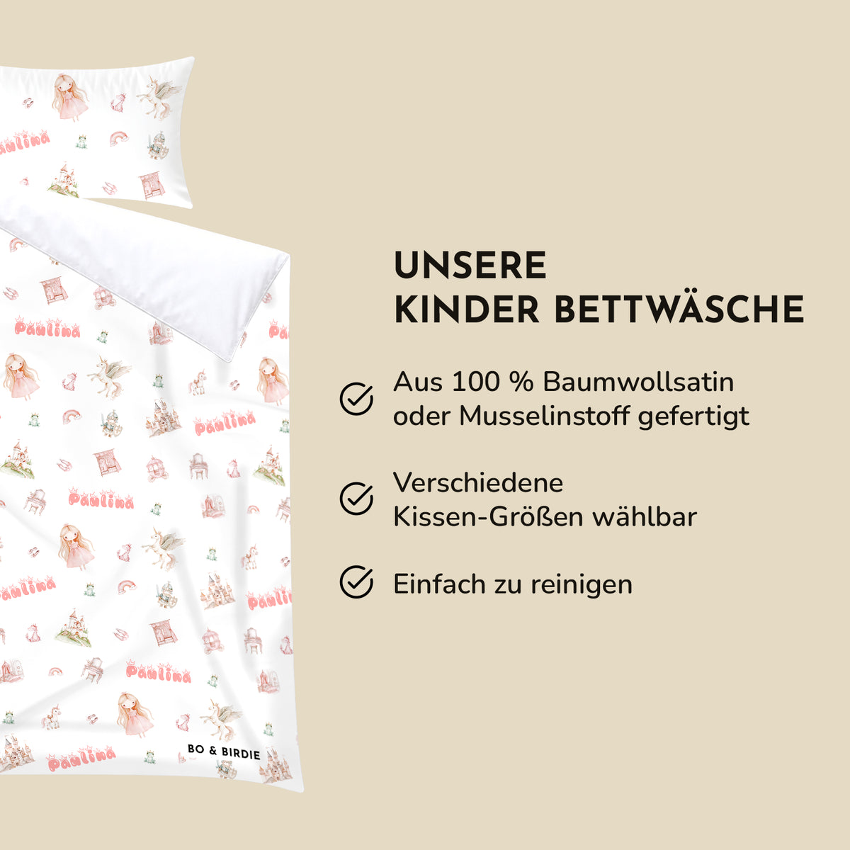 Infografik Prinzessinnen-Kinderbettwäsche: 100 % Baumwollsatin oder Musselin, Kissengrößen wählbar, pflegeleicht