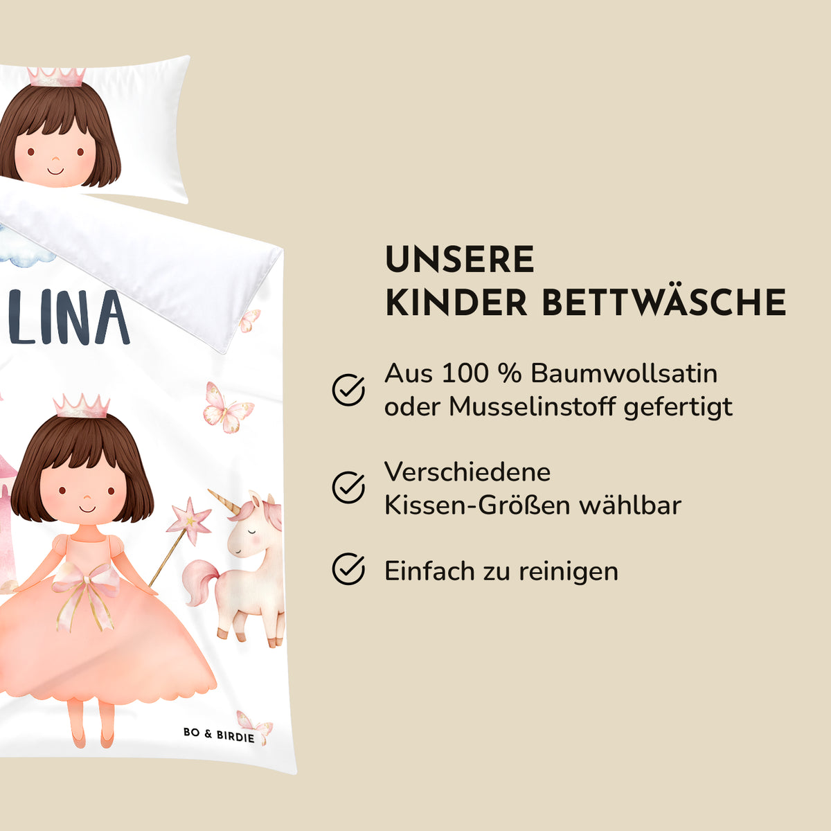 Infografik Wunschprinzessin-Bettwäsche: 100 % Baumwollsatin oder Musselin, Kissengrößen wählbar, pflegeleicht