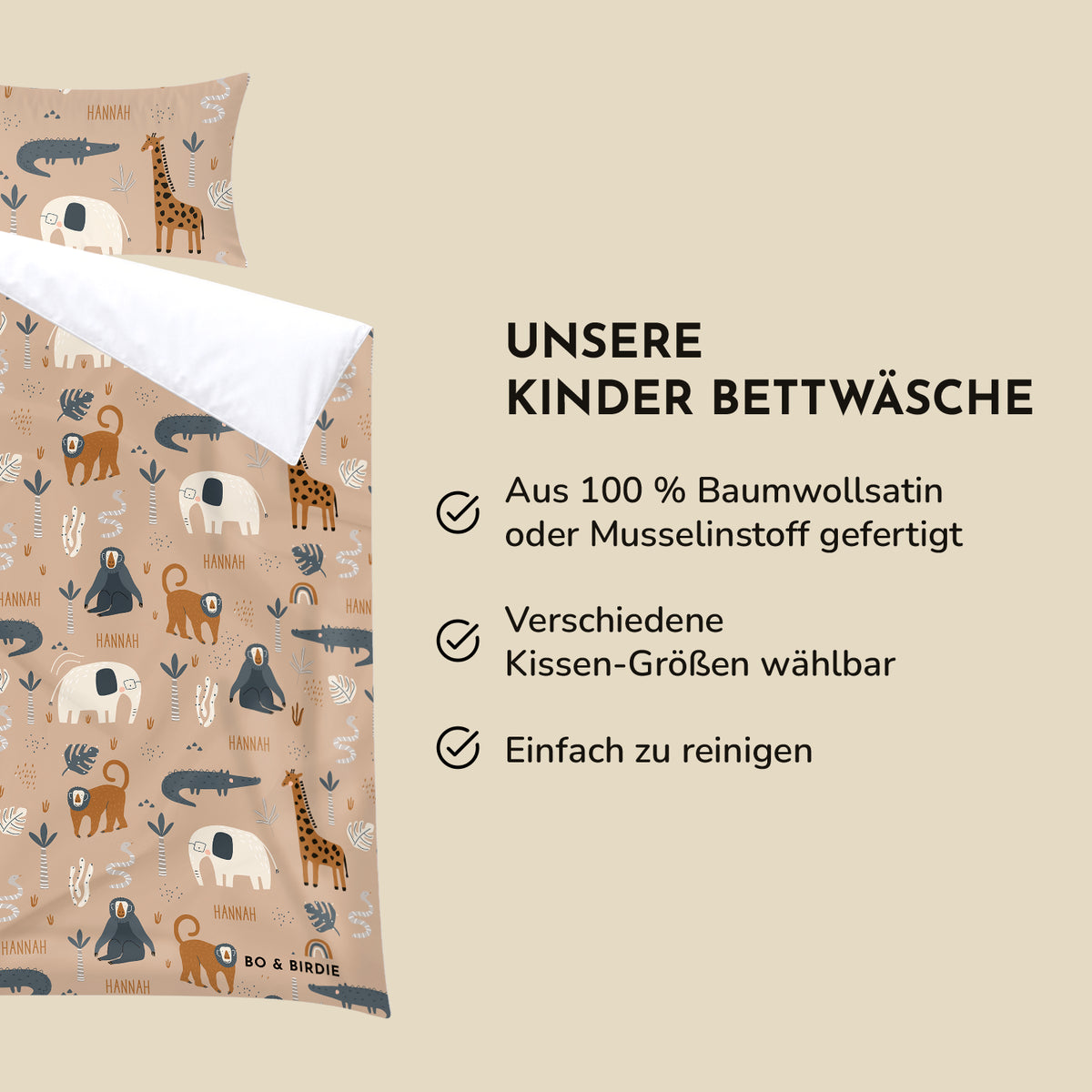 Infografik Savannen-Bettwäsche: 100 % Baumwollsatin oder Musselin, Kissengrößen wählbar, pflegeleicht