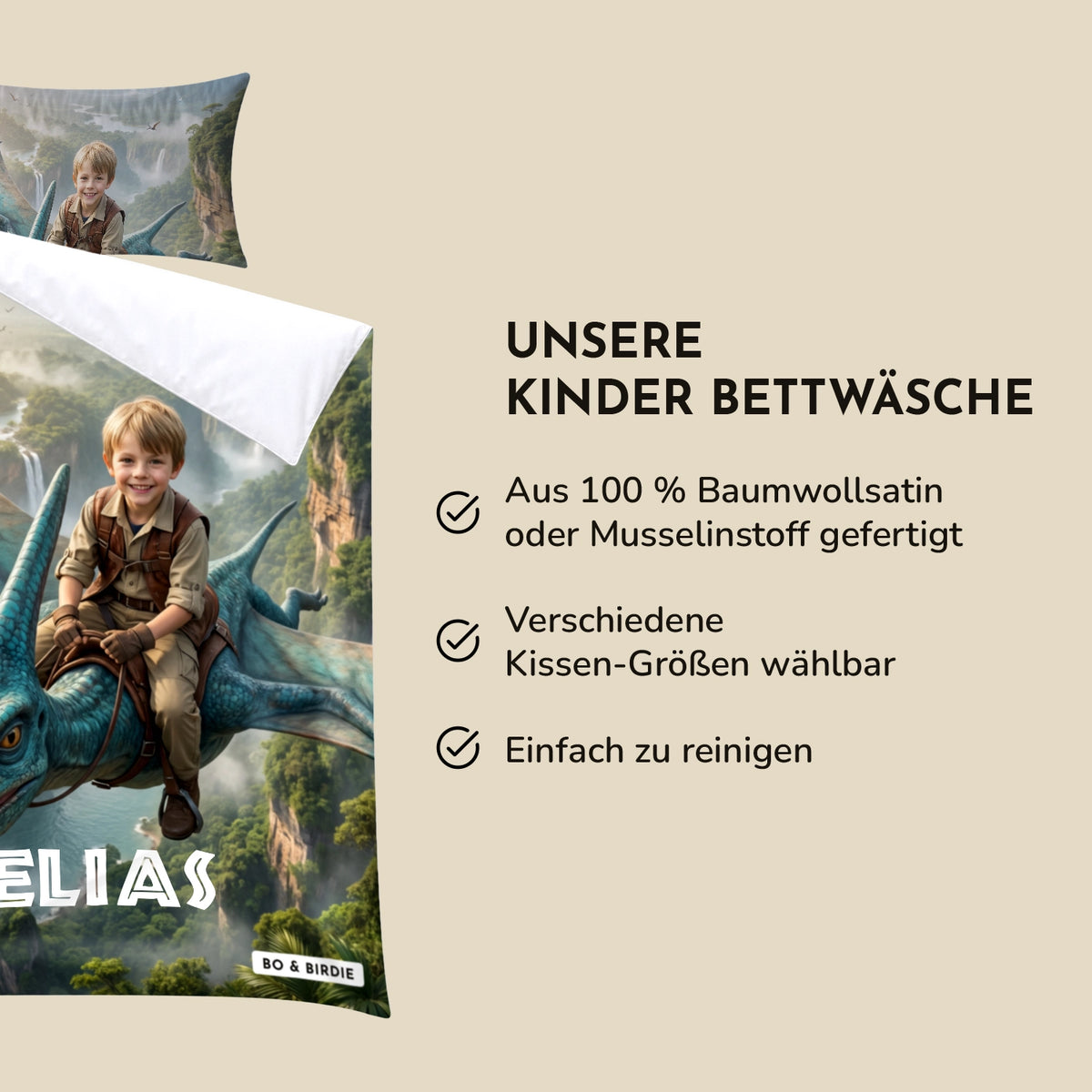 Infografik Flugsaurier-Bettwäsche: 100 % Baumwollsatin oder Musselin, Kissengrößen wählbar, pflegeleicht