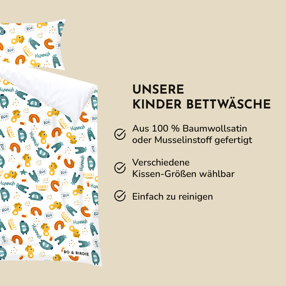 Infografik Monster-Bettwäsche: 100 % Baumwollsatin oder Musselin, Kissengrößen wählbar, pflegeleicht