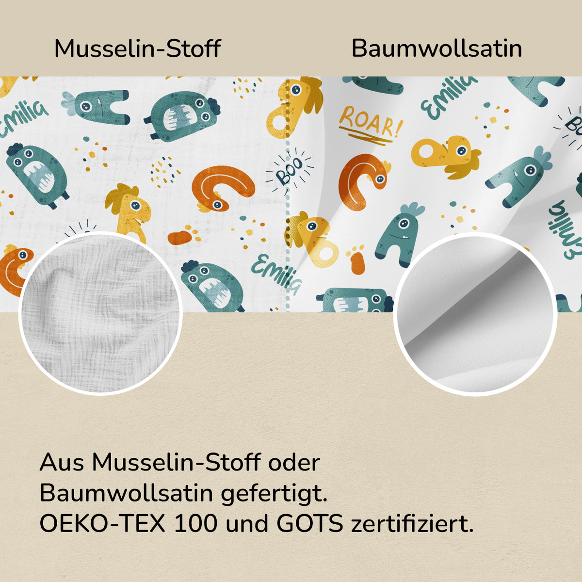 Stoffvergleich der Monster-Bettwäsche: Musselin oder Baumwollsatin, OEKO-TEX 100 und GOTS