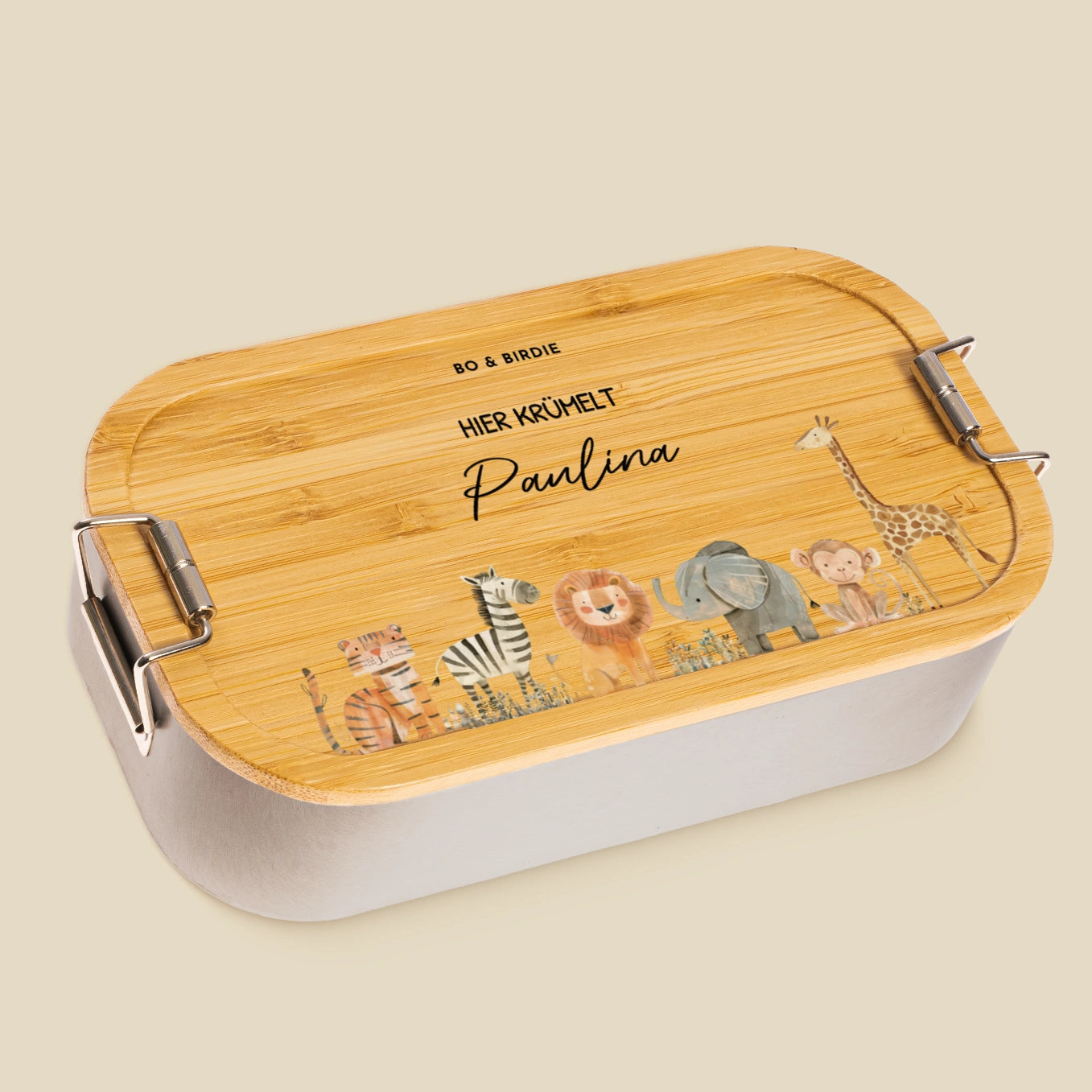 Personalisierte Brotdose mit Bambusdeckel "Safari Tiere"