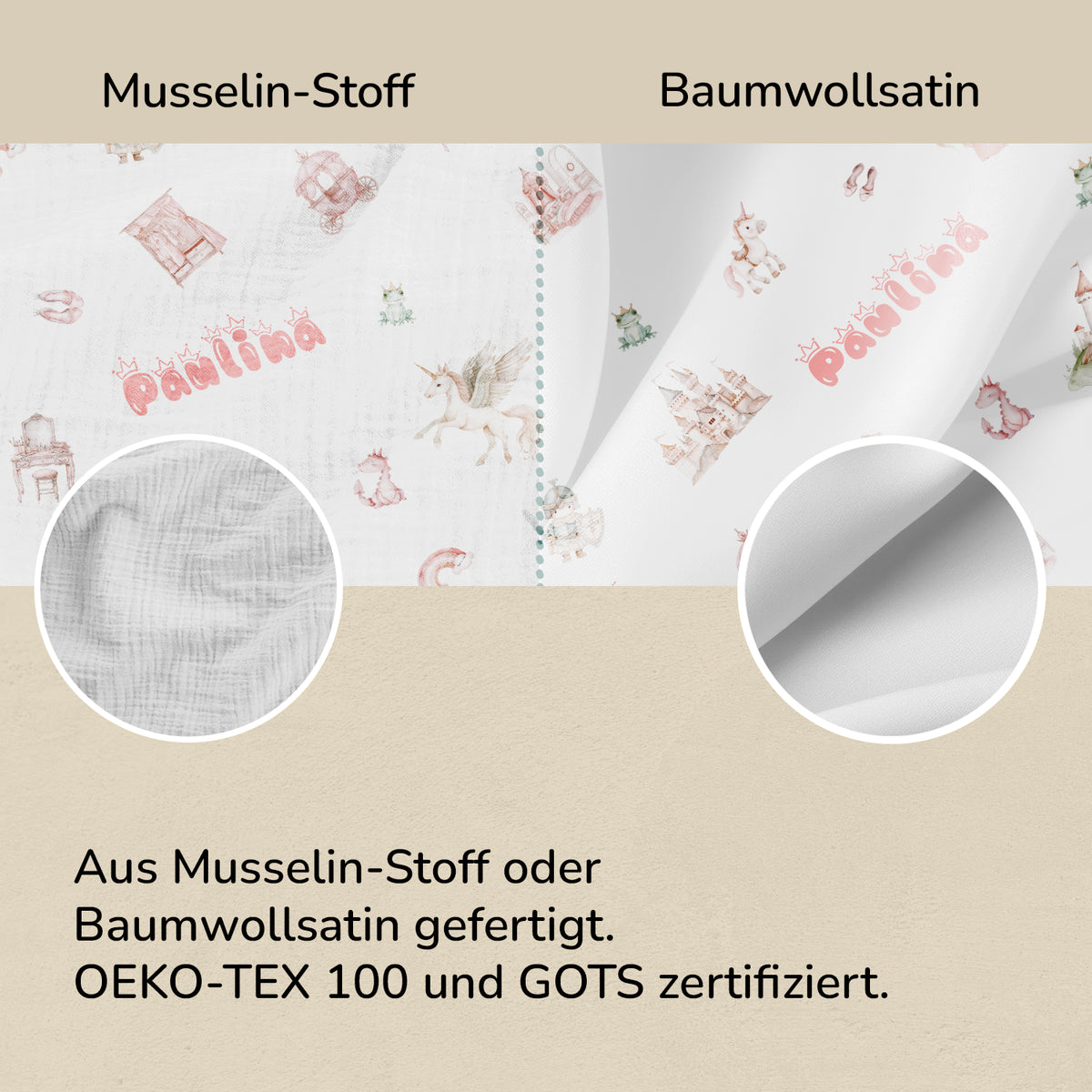 Stoffvergleich der Prinzessinnen-Kinderbettwäsche: Musselin oder Baumwollsatin, OEKO-TEX 100 und GOTS