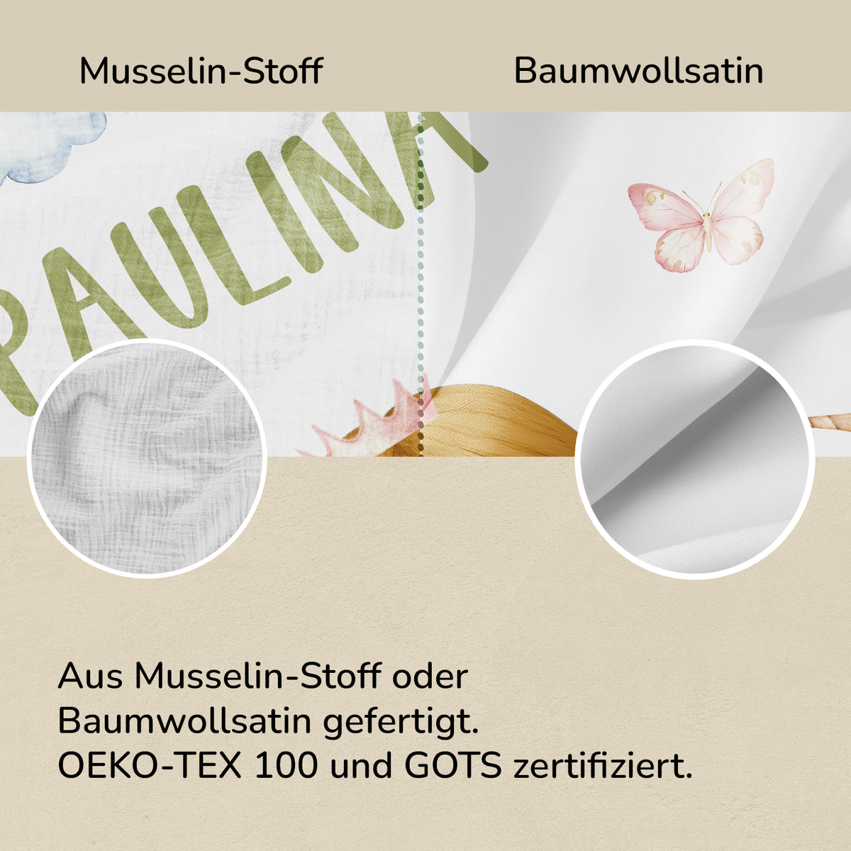 Stoffvergleich der Wunschprinzessin-Bettwäsche: Musselin oder Baumwollsatin, OEKO-TEX 100 und GOTS