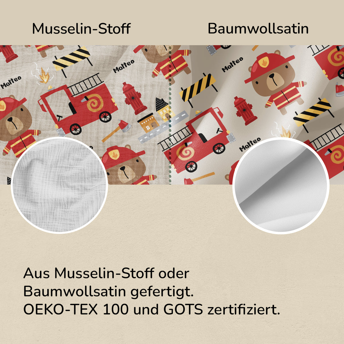 Stoffvergleich der Feuerwehr-Bettwäsche: Musselin oder Baumwollsatin, OEKO-TEX 100 und GOTS
