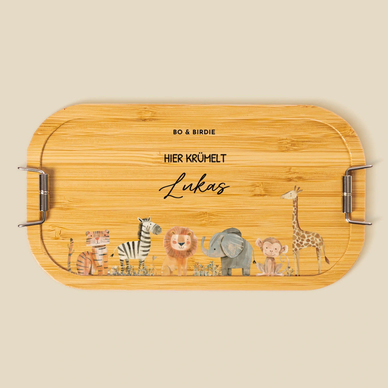 Personalisierte Brotdose mit Bambusdeckel "Safari Tiere"