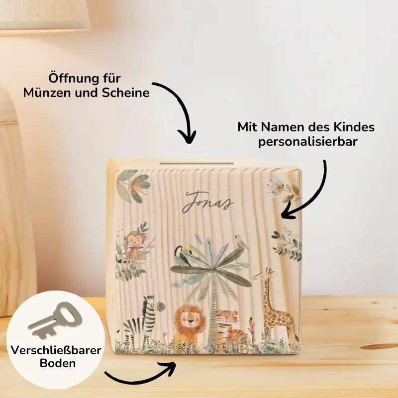 Personalisierte Holzspardose "Safari Tiere"