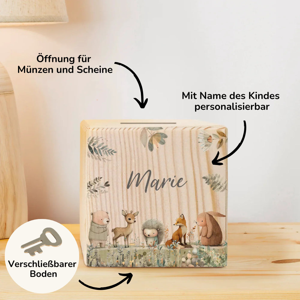 Personalisierte Holzspardose "Waldtiere Aquarell”