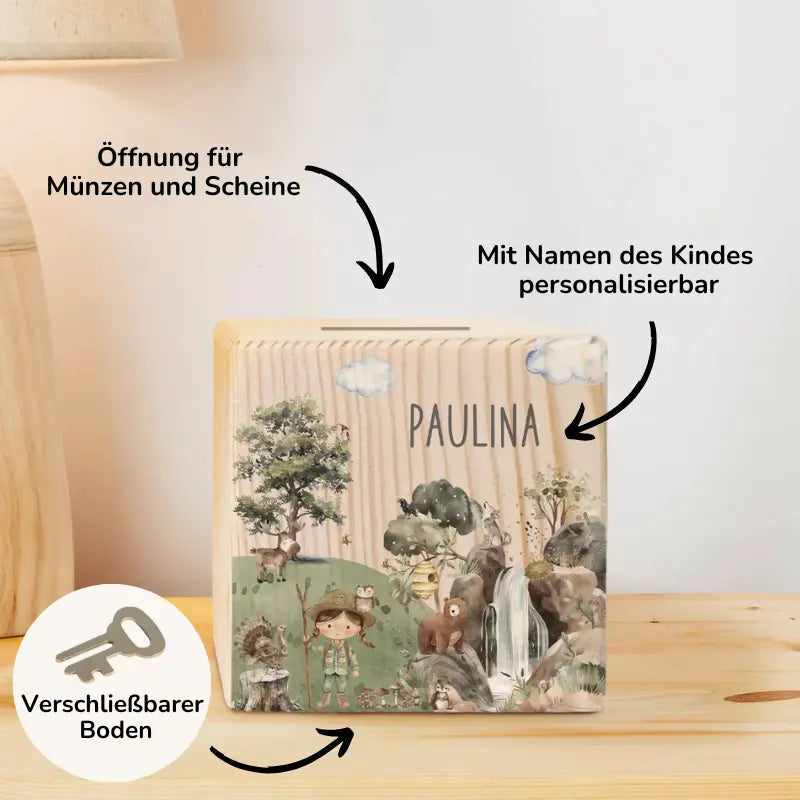 Personalisierte Holzspardose "Wildnis” - Bo & Birdie